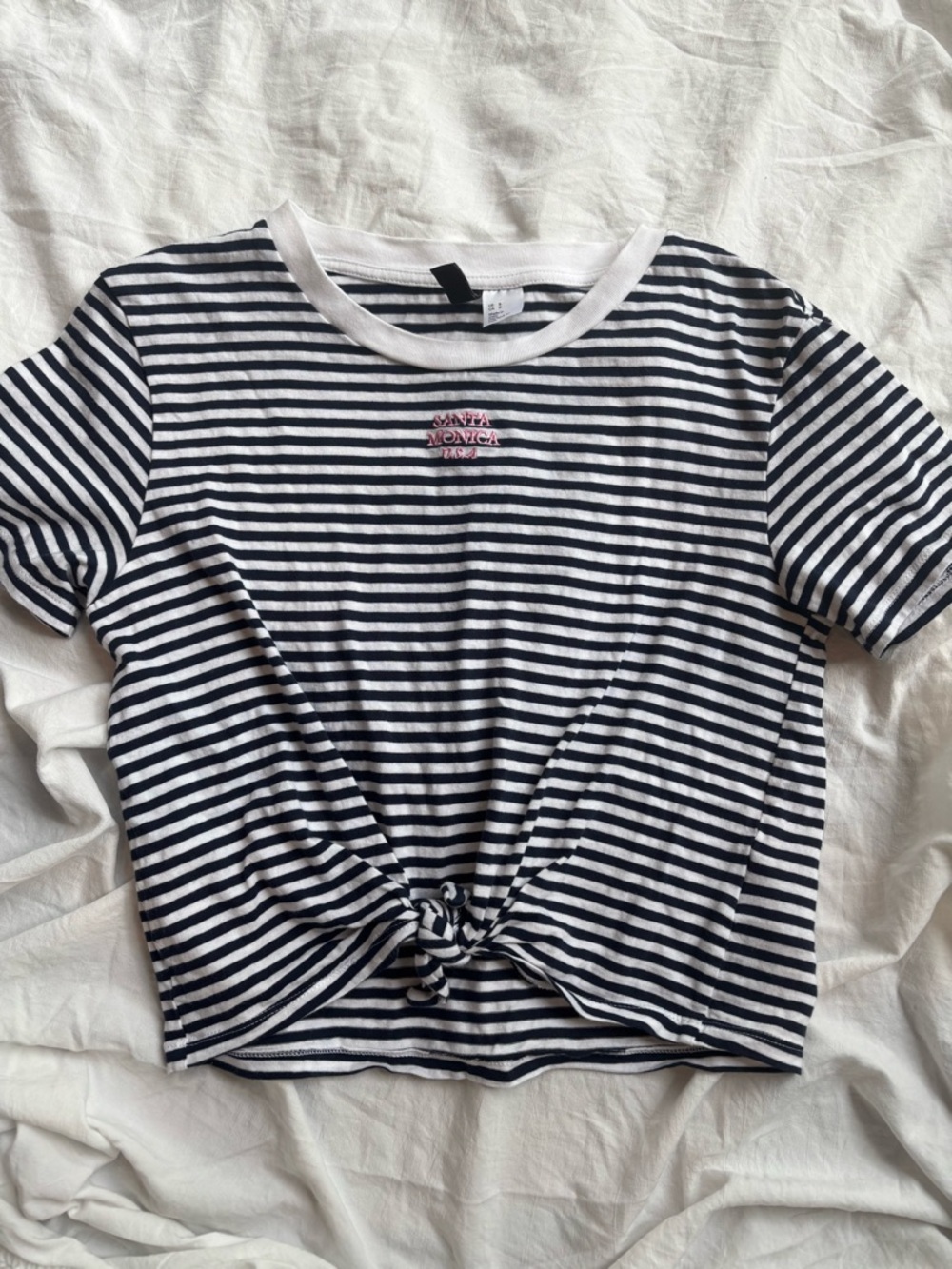 Divided Black and White Striped Crop Top with Front Knot